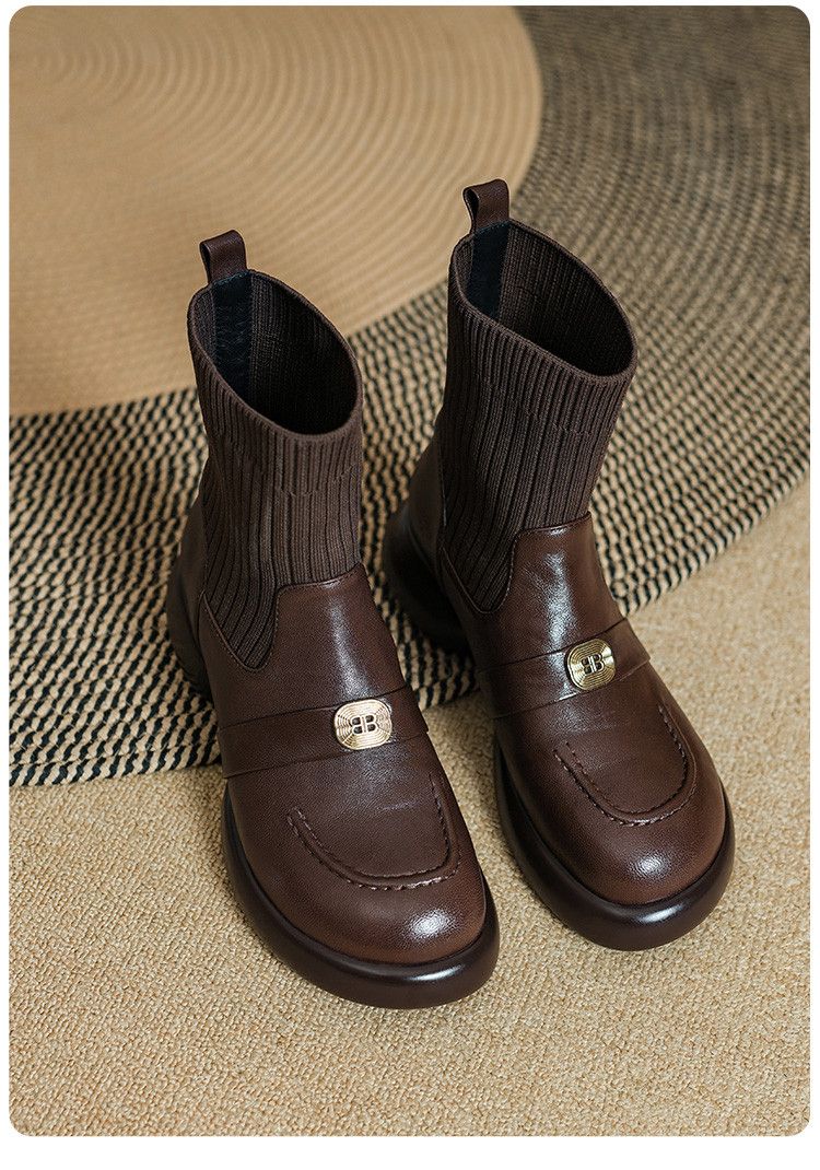 Cameido Women's Leather Short Boots With Elastic Knit Shaft Chunky Heel British Style Autumn Winter_voghion.com