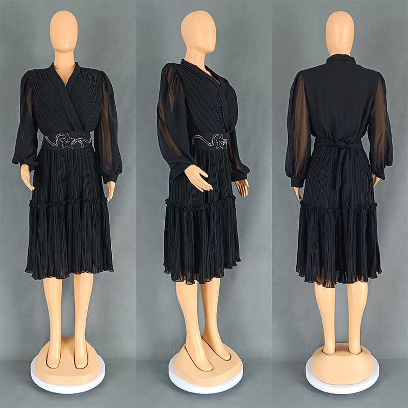 Langärmliger Faltenrock für Damen, unabhängige Station, hohe Taille, Außenhandel, lockeres Kleid in großer Größe (freier Gürtel) 8835_voghion.com