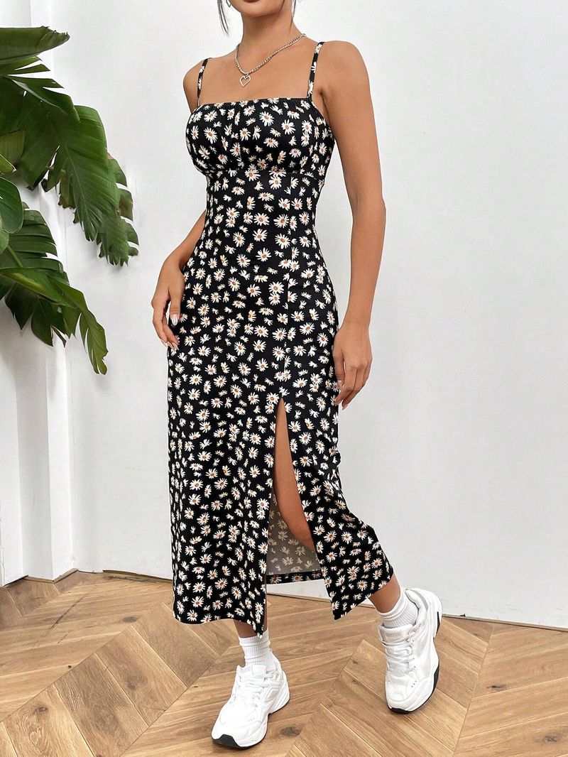 Women's 2025 Spring/Summer Strap Wrapped Chest High Slit Daisy Printed Dress_voghion.com