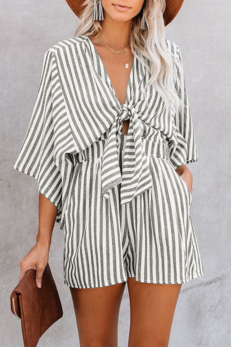 2023 Summer Waist Wrap Slim Stripe jumpsuit Women's Deep V Flare Sleeve 3/4 Pants_voghion.com