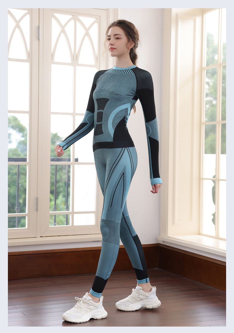 Conjunto deportivo de otoño-invierno para ciclismo, esquí, yoga, alta elasticidad, transpirable, de secado rápido, con bloques de color, para fitness, adelgazamiento y moldeador._voghion.com