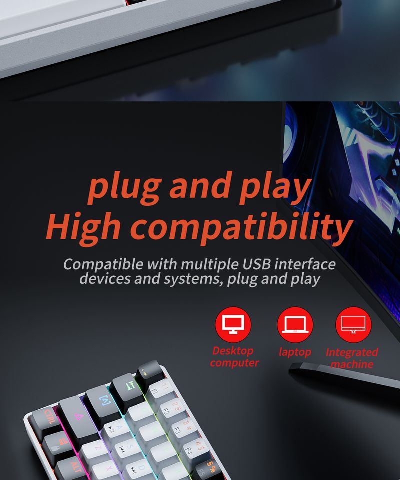 Teclado mecânico Mucai 61 teclas RGB Cool Lihtin Hot Plu Red Switch prático e portátil, adequado para escritório_voghion.com