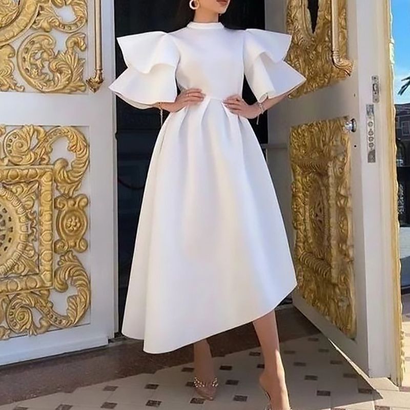 Imbracaminte dama vara noua strat dublu frunze de lotus maneca culoare solida rochie neregulata fusta rochie_voghion.com
