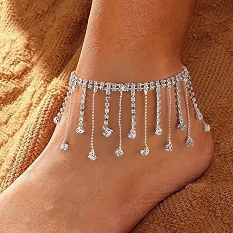 retro personality hot selling rhinestone tassel anklet ladies summer beach simple fashion double layer pendant anklet_voghion.com