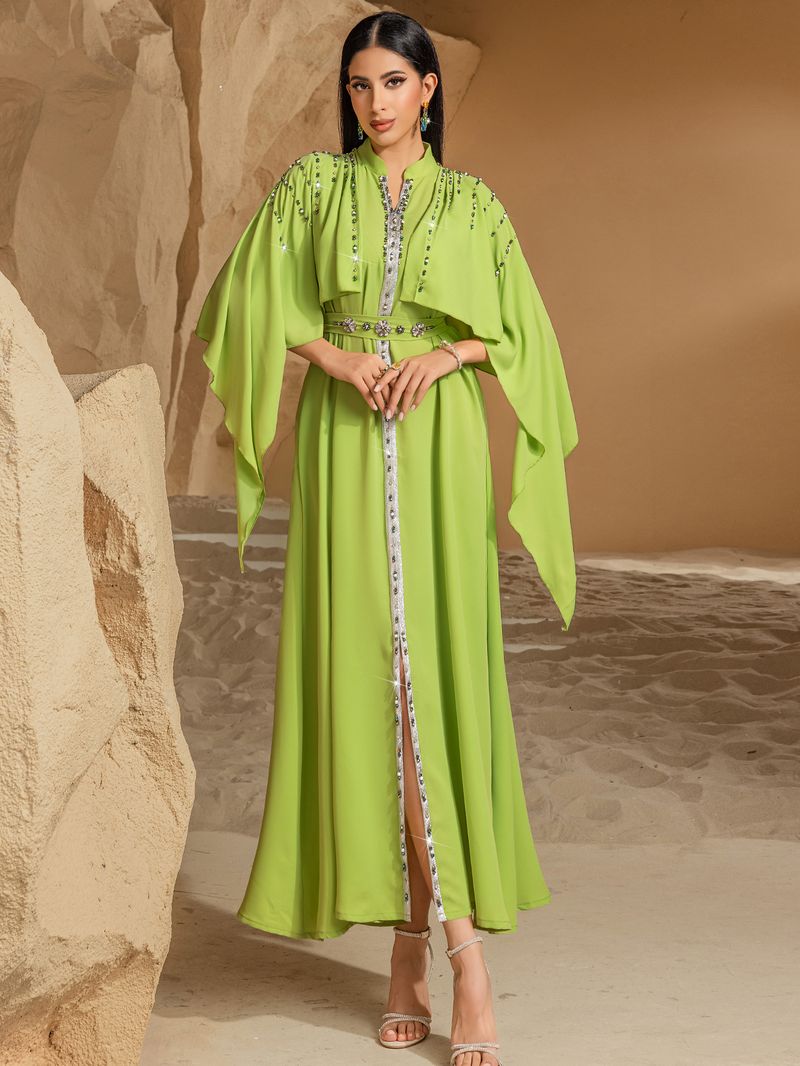 Robe châle à col mi-haut vert fruit pour femme, robe abaya en diamant cousue à la main_voghion.com