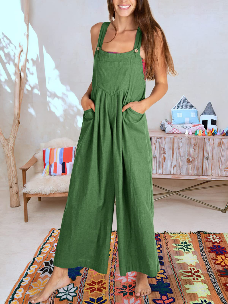 Women's clothing solid color loose casual cotton and linen overalls jumpsuit_voghion.com
