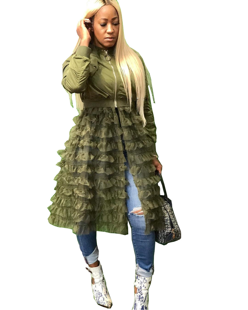 Women's fashion zipper solid color jacket + mesh lace skirt coat_voghion.com