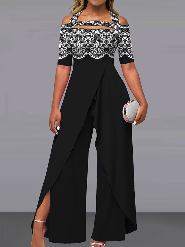 Dameskleding Mode Sexy Off-Shoulder Bedrukt Casual Wijde Broek Jumpsuit_voghion.com