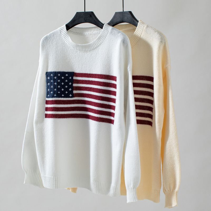 Damen-Strickpullover mit amerikanischem Flaggen-Print – gemütlicher Herbst- und Winterpullover, lässige, lockere Passform, lange Ärmel, Rundhalsausschnitt, Polyestermischung_voghion.com