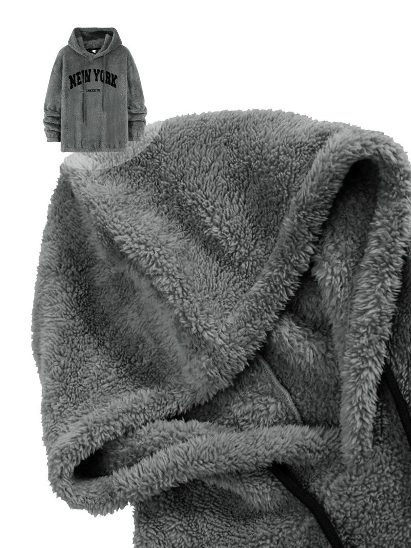 Felpa con cappuccio foderata in pile da uomo con stampa di lettere retrò – Pullover invernale spesso per abbigliamento casual_voghion.com