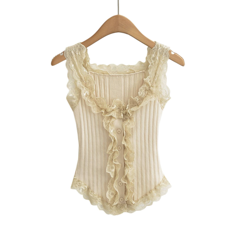 Top canotta lavorato a maglia in pizzo da ragazza dolce e piccante per donne con puro desiderio, abbigliamento esterno sexy, senza maniche, top in stile interno_voghion.com