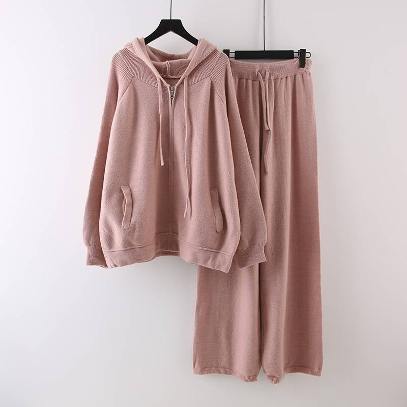Women's Clothing Korean Lazy Style Large Size Slim Suit Loose Hooded Sweater Jacket Women's Autumn And Winter Wide Leg Pants Two Piece Suit_voghion.com