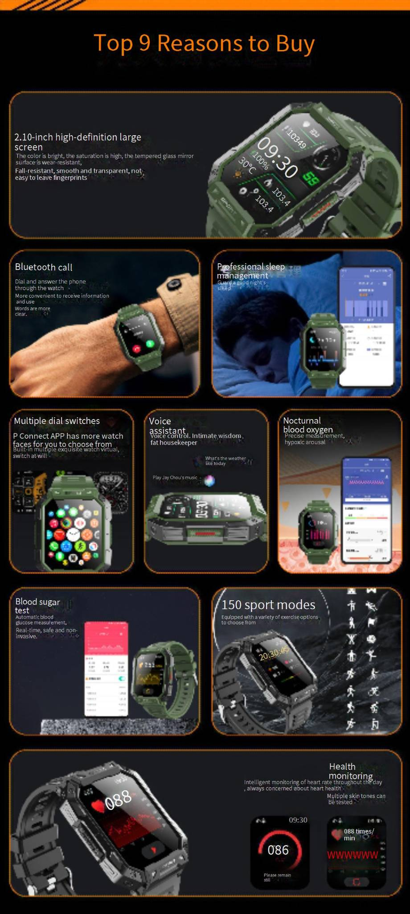 F307 Outdoor Triple Proof Smart Watch Bluetooth Chiamata Cardiofrequenzimetro Braccialetto Sportivo 2.1 Pollici Glicemia Non Invasiva_voghion.com