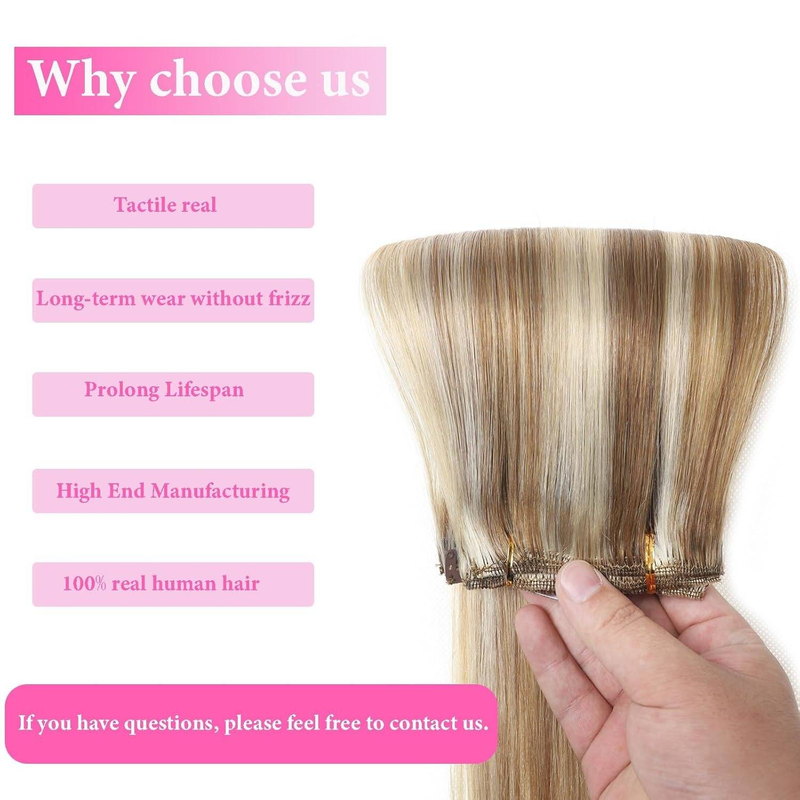 Clip-In-Haarverlängerungen, Echthaar, 50,8 cm, Helles Aschblond/Bleichblond, Clip-In-Doppelschuss, 100 % Echthaar-Extensions, 8 Stück, 105 g_voghion.com