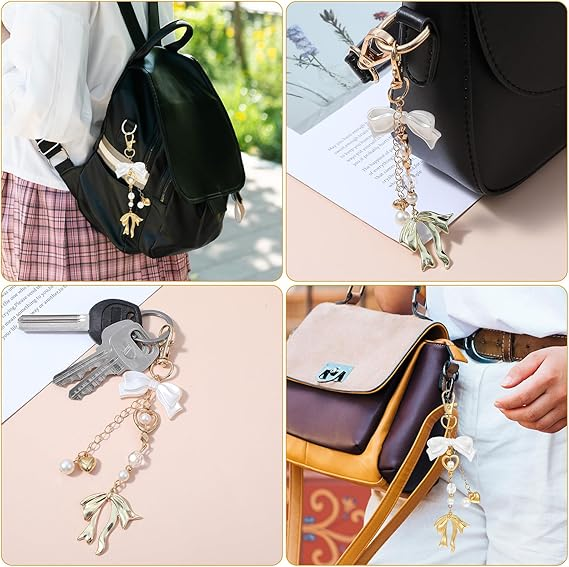 Portachiavi con fiocco dorato, ciondolo per borsa da donna, ciondolo per borsa estetico con perline e cuore di perle_voghion.com
