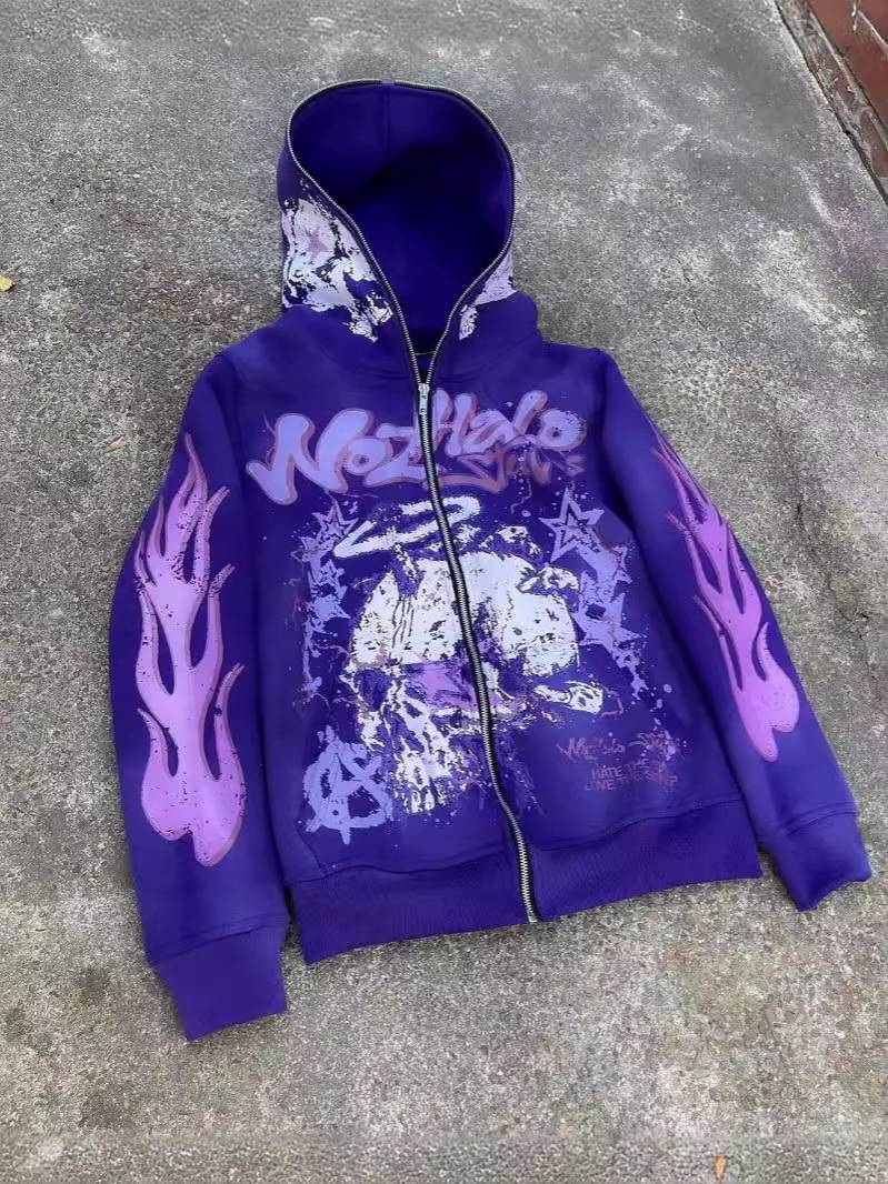 Y2k Retro Streetwear Hoodie With 3d Cartoon Print, Zip-up Oversized Pullover For Hip-hop & Dark Aesthetic Fashion_voghion.com