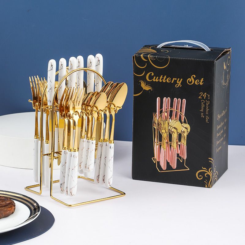 Nuovo set regalo da 24 pezzi con supporto per stoviglie, manico in ceramica, coltello, forchetta e cucchiaio in acciaio inossidabile, stile nordico_voghion.com