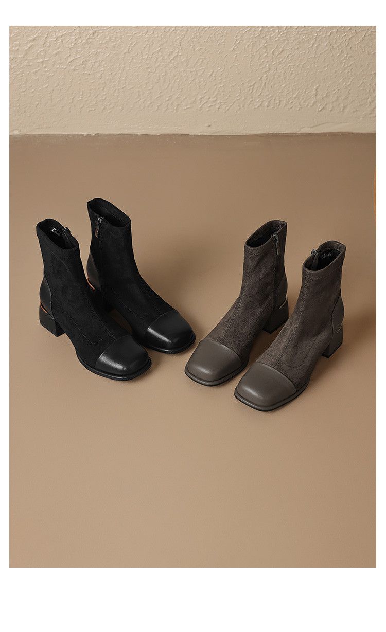 Cameido Women'S Studded Square Toe Chunky Heel Short Boots Slimming Elastic Mid Heel Versatile For Autumn And Winter_voghion.com