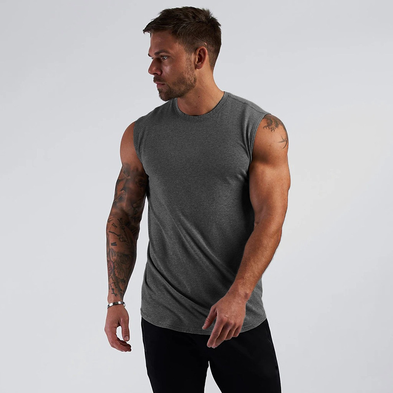 T-shirt senza maniche sportiva estiva solida con piastra liscia Canotta fitness da uomo Canotta da allenamento da corsa in puro cotone_voghion.com