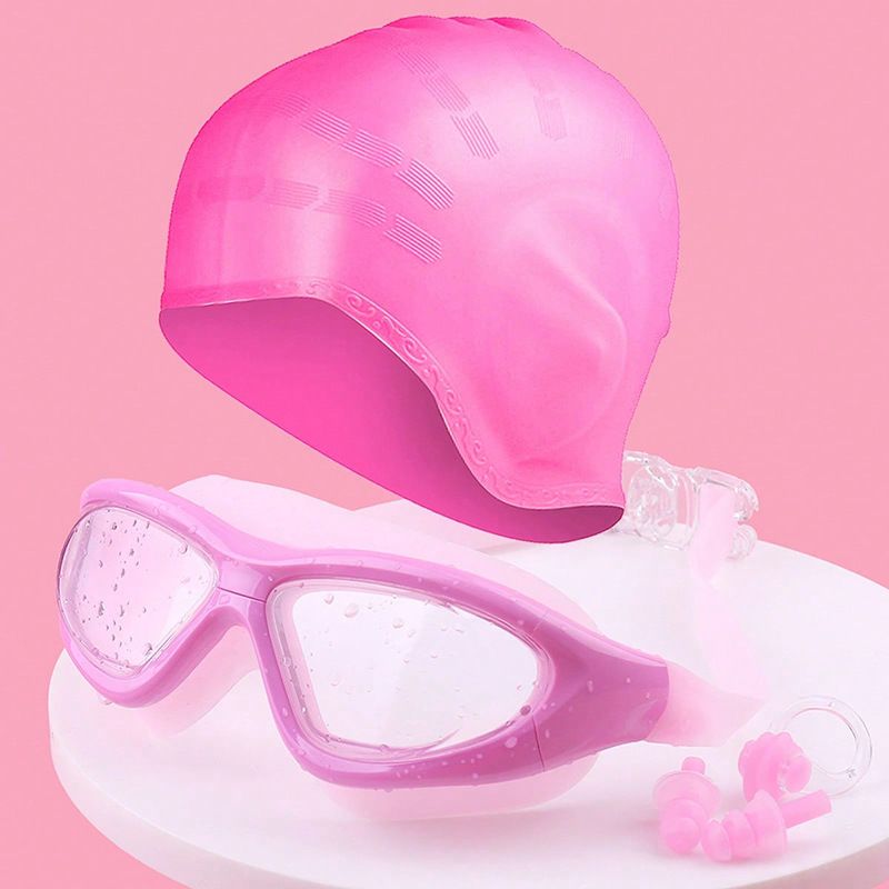 Óculos de natação antiembaçantes de silicone com armação grande + protetor auricular de silicone + conjunto de protetores auriculares com clipe nasal de silicone_voghion.com