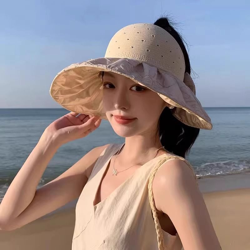 Cappello da sole da donna con protezione UV, per le vacanze al mare, con possibilità di annodare la coda di cavallo, cappello a cilindro vuoto, versatile cappello da sole con tesa larga_voghion.com