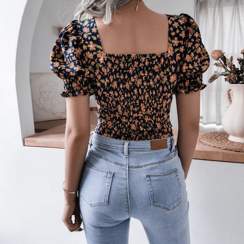 Summer New Casual Lantern Sleeve Square Neck Sexy Fragmented Chiffon Top Women's Wear_voghion.com