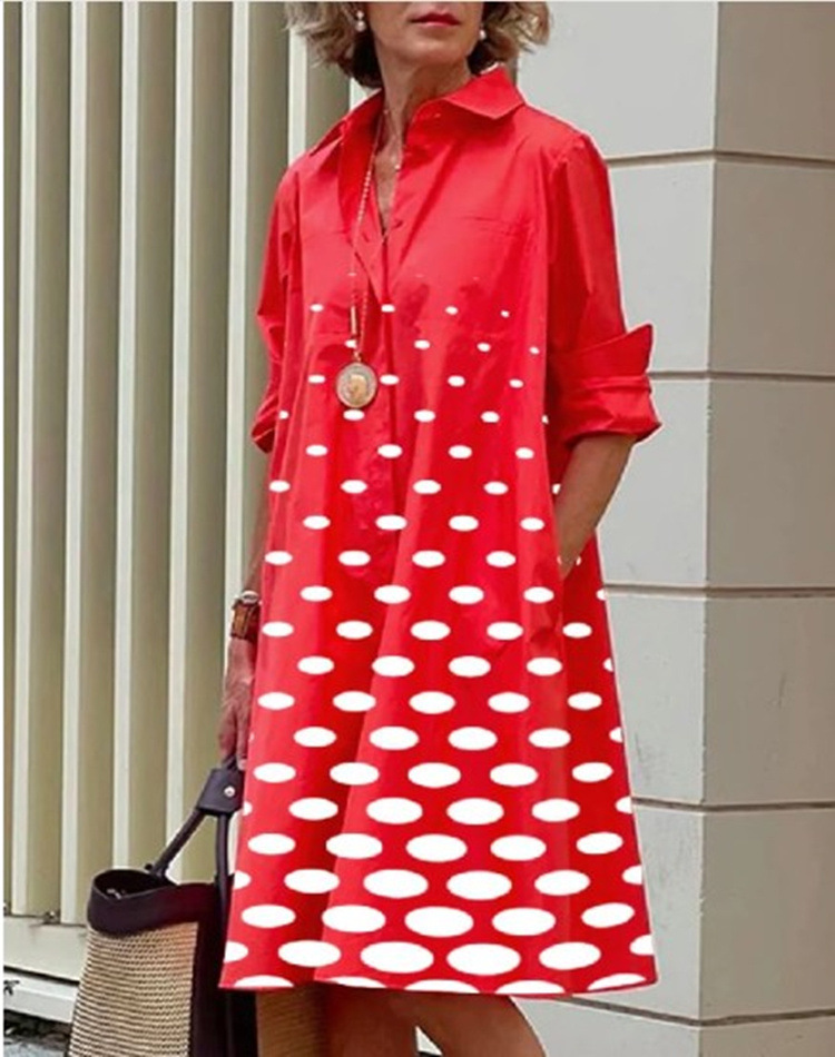 Abito da donna a maniche lunghe con colletto a camicia con stampa a pois temperamento_voghion.com