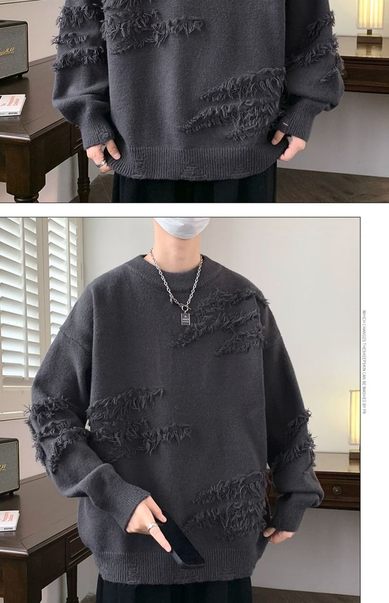 Maglione girocollo giapponese retrò tinta unita per uomo in autunno inverno, tendenza ampia e rilassata, maglia di base pullov aderente_voghion.com