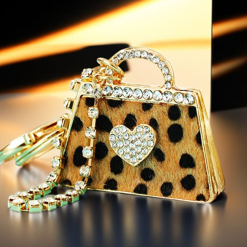 Portachiavi per auto con ciondolo per borsa in vera pelle con strass e stampa leopardata, stile coreano, creativo, in metallo, con anello portachiavi, regalo_voghion.com