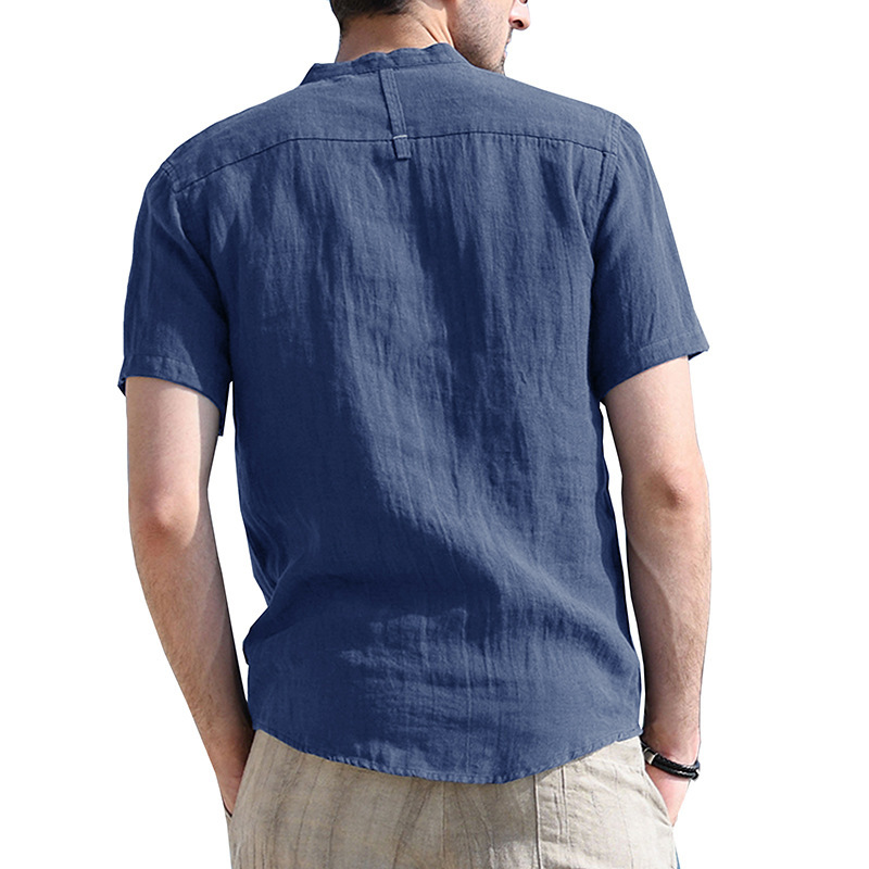 Camicia uomo manica corta tinta unita collo Henry, camicia da uomo in cotone e lino_voghion.com