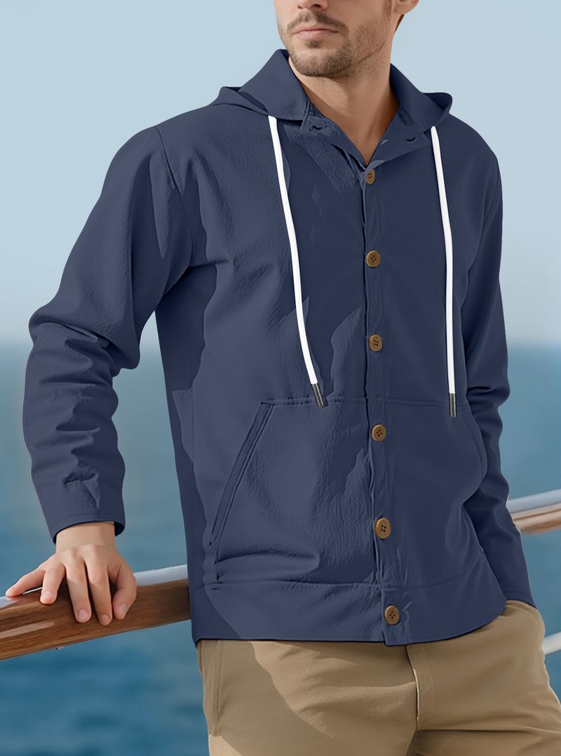 Camicia da uomo con bottoni, casual, ampia, in lino, semplice, con cappuccio, a maniche lunghe, primaverile e autunnale_voghion.com