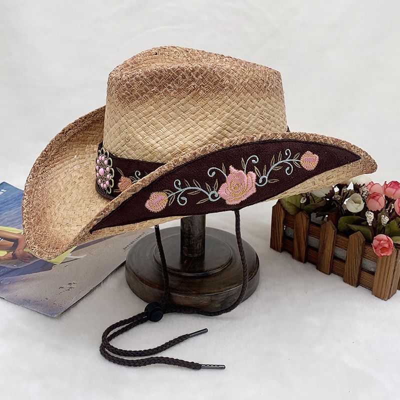 Handgewebter Cowboyhut aus Raffiagras mit Sonnenschutz und gerolltem Rand, bestickter Strohhut_voghion.com
