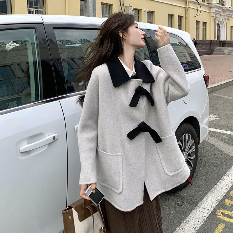 Light Gray Contrast Color Tie Knot Coat Women 2023 Autumn Winter New Small Loose Casual Woolen Overcoat_voghion.com