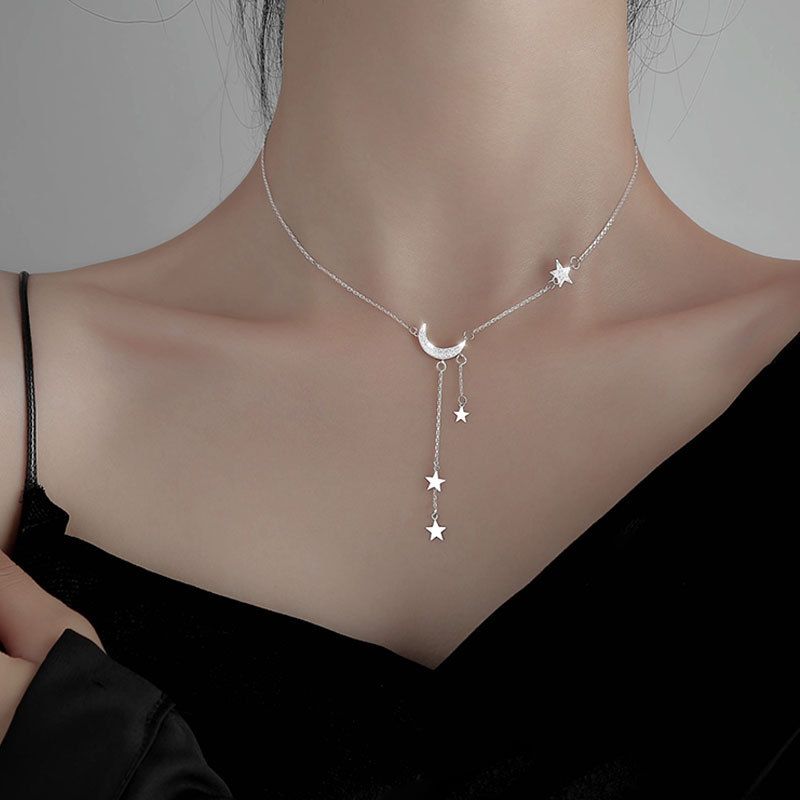 2024 Exquisite Bling Sier Color Tassel Star Moon Colar para Mulheres Clavícula Corrente Mulher Jóias Presente de Aniversário_voghion.com