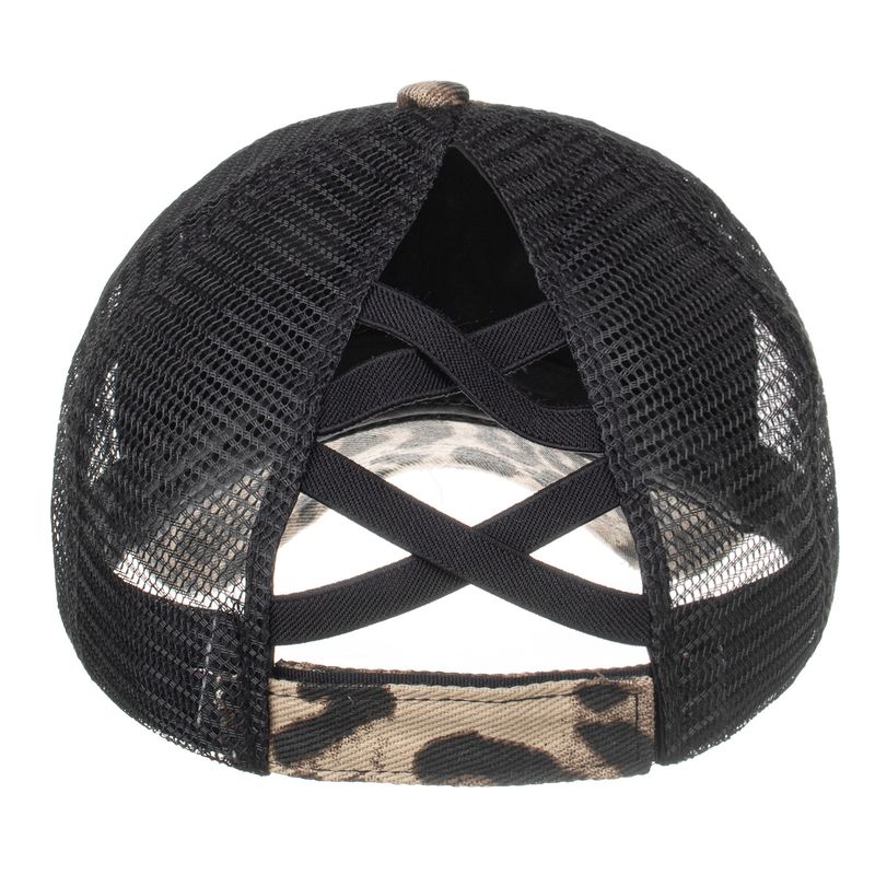 Boné de beisebol com estampa de leopardo grande, elástico, rabo de cavalo cruzado, faixa de cabelo B762_voghion.com