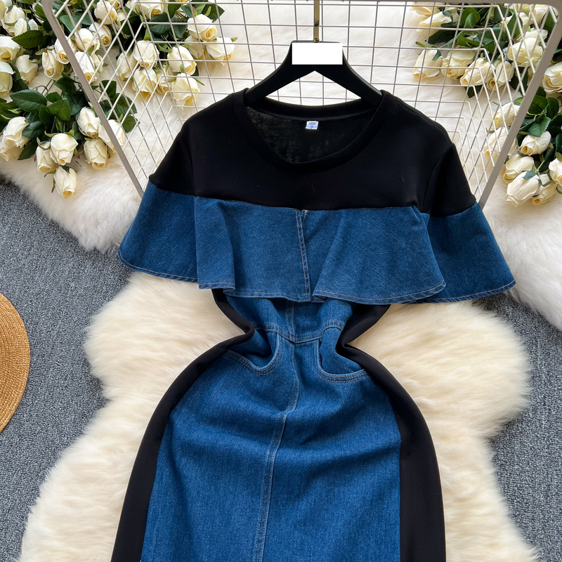 Nischen-High-End-Zweiteiler-Spleißen-Jeanskleid für Frauen Koreanische Version des Retro-Temperaments mit gerüschter Taille_voghion.com