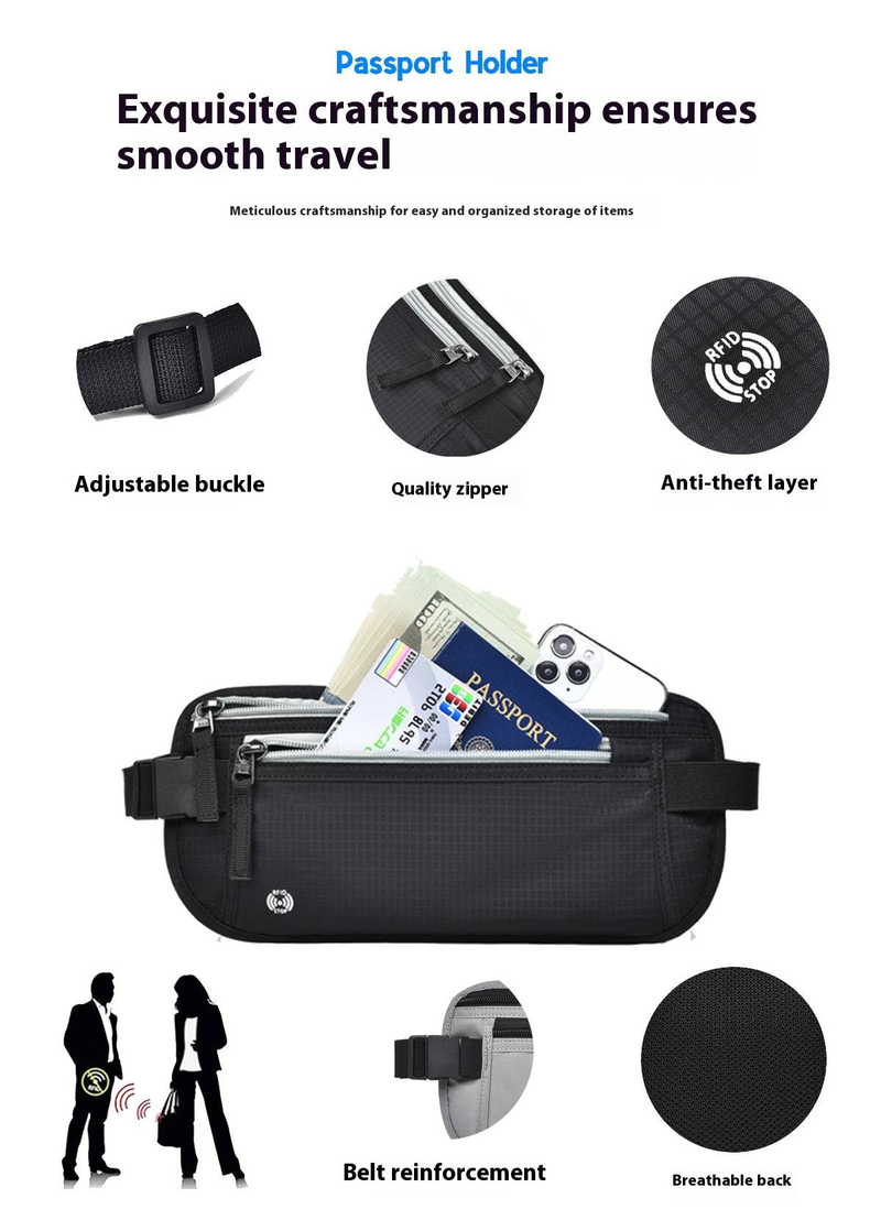 RFID Blocking Travel Waist Pack - Waterproof & Anti-Theft Passport Holder Slim Hidden Money Belt With Secure Zipper For International Trips_voghion.com