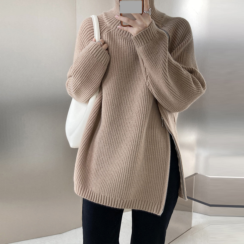 Damenbekleidung: Gemütlicher, übergroßer Pullovermantel mit Reißverschluss und hohem Kragen für Damen – Doppelreißverschluss, lockere Passform, grob gestrickt (Grau, Beige, Schwarz, Khaki)_voghion.com