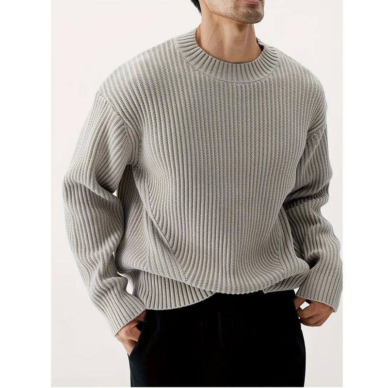 Men’s Oversized Knit Sweater - Relaxed Crewneck Pullover In Soft Gray (L/XL/2XL/3XL)_voghion.com