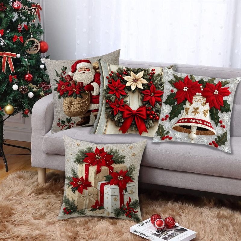 Federa per cuscino natalizia in lino corto, in peluche, con ghirlanda di fiori e campanelle di Babbo Natale, decorazione per divano_voghion.com