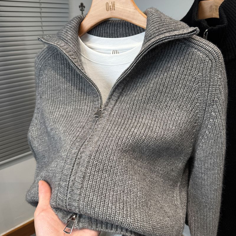 Cardigan in maglia con doppia cerniera da uomo – Pullover reversibile a collo alto e spesso (M-XXXL, Beige/Grigio/Nero/Marrone)_voghion.com