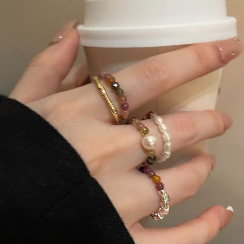 Turmalin Perle Naturstein für Frauen Sommer Nischendesign Zeigefinger bunt Perlen Silber Fragment Ring_voghion.com