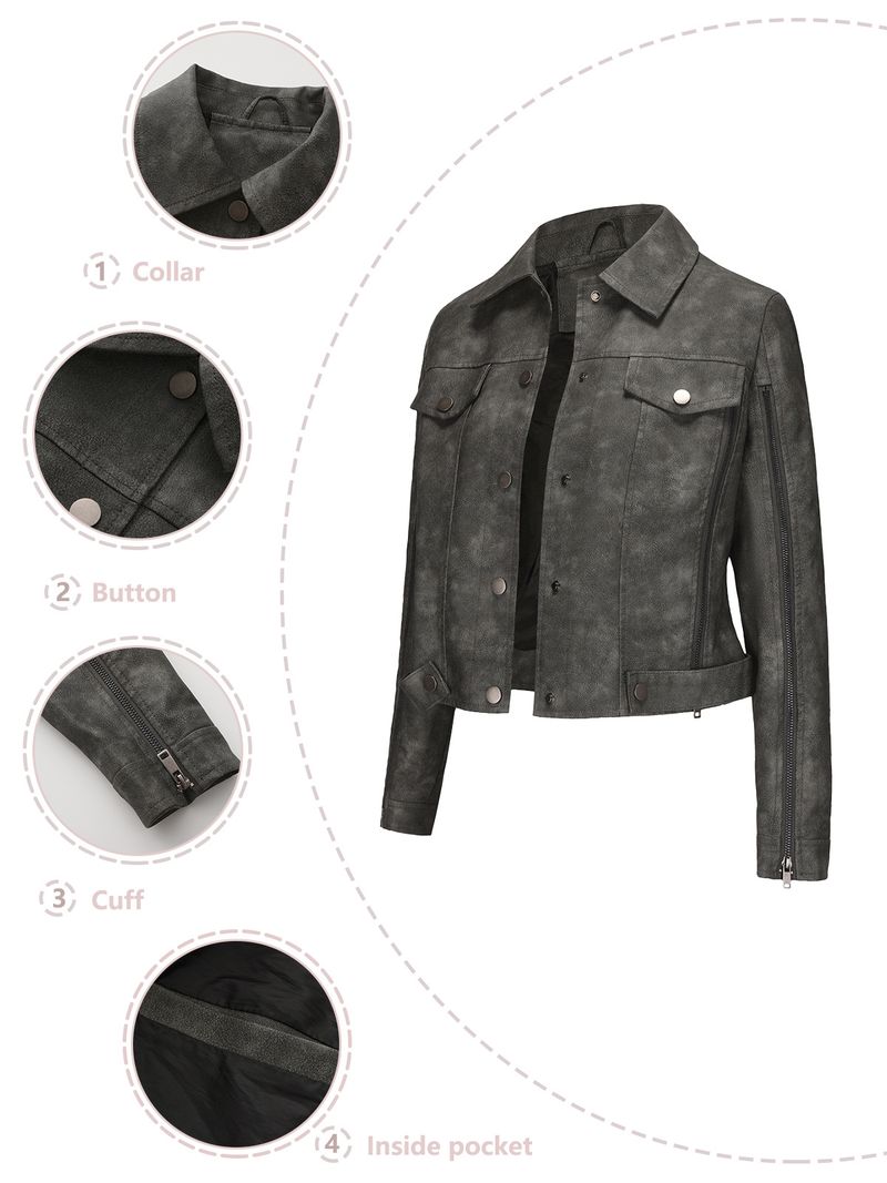 Women's Faux Leather Biker Jacket With Multiple Zipper Details, Long Sleeve Open Front Stylish Coat For Spring & Autumn_voghion.com