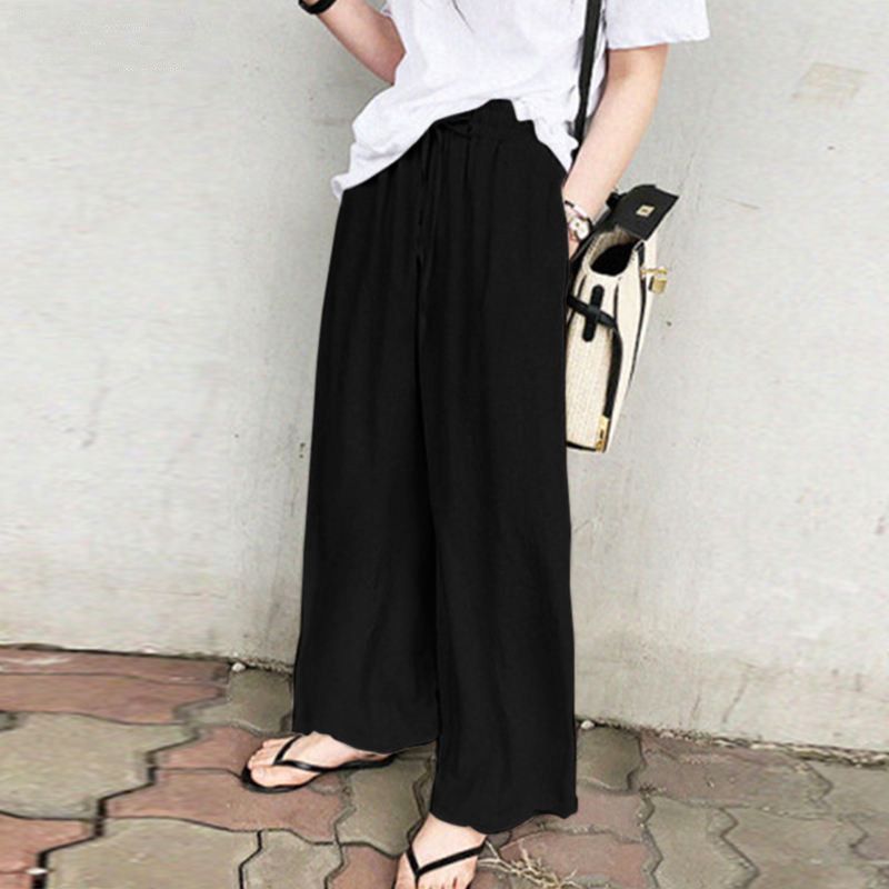 Pantaloni a gamba larga da donna, pantaloni di lino da donna alla moda a vita alta, pantaloni larghi casual in tinta unita all'ingrosso_voghion.com