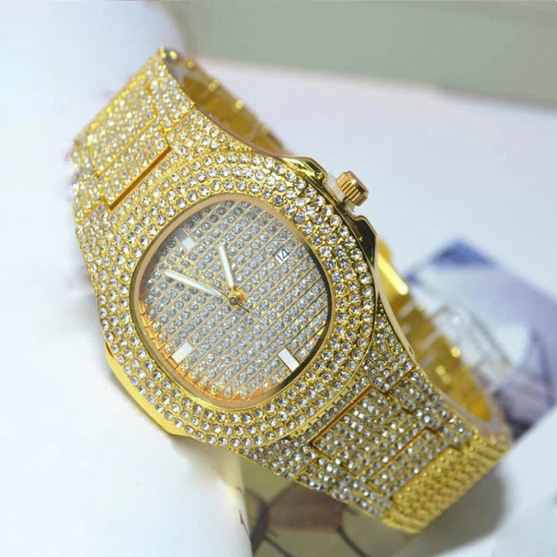Moške diamantne bleščeče kvarčne ure Nakit Modna ročna ura zlate barve Ura Hip Hop Moške ure Darilo_voghion.com