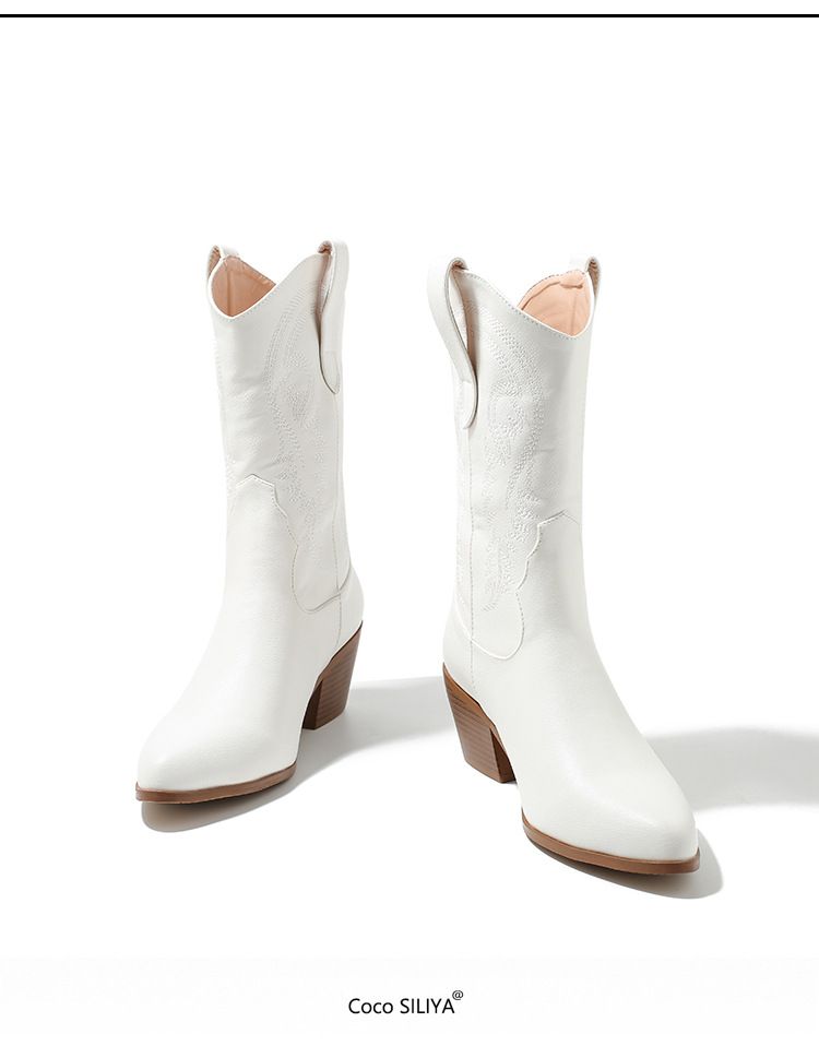 Vintage Pink Cowboy Boots For Women - Pointed Toe Embroidered Mid-Calf Boots With Chunky Heel (Wide Width Available)_voghion.com