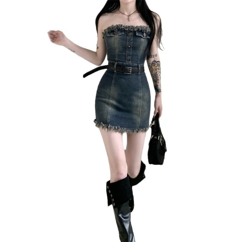 Spicy Girl Design Waist-Cinching Strapless Frayed Denim For Women 2025 Spring Summer High Waist Slimming Bodycon Dress_voghion.com