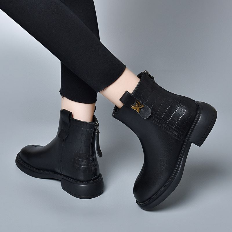 Ghete din piele pentru femei, cizme plate, simple, casual, cu fermoar la spate, cu cap rotund, cizme din bumbac cu fleece_voghion.com