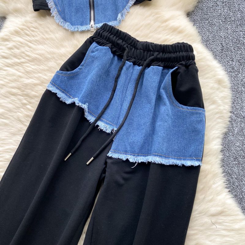 Women's Clothing denim patchwork distressed suit_voghion.com