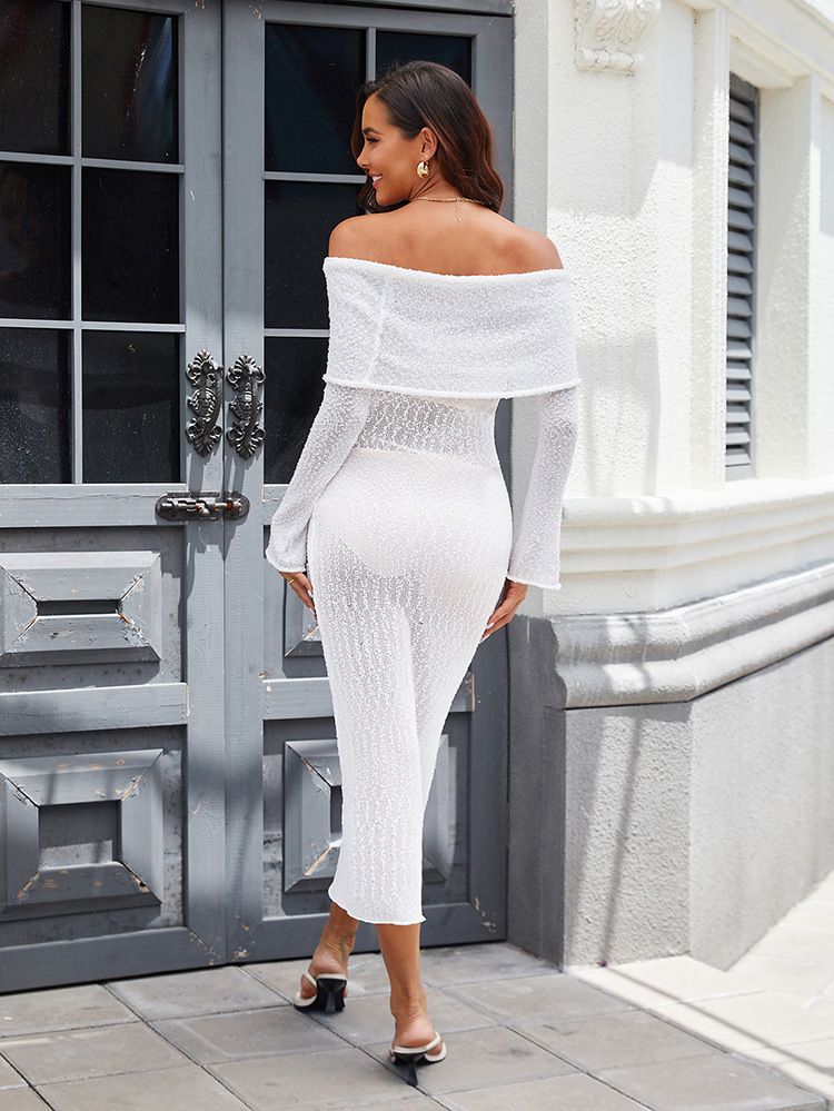 Copricostume estivo sexy con spalle scoperte e scollo a V, abito lungo in maglia aderente_voghion.com